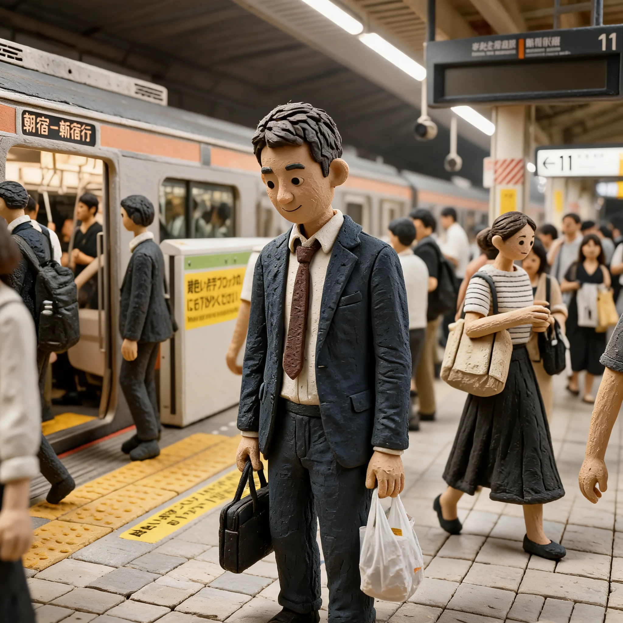 日本の駅ホームにいるサラリーマン写真をAIでクレイアニメ風画像に変換した例