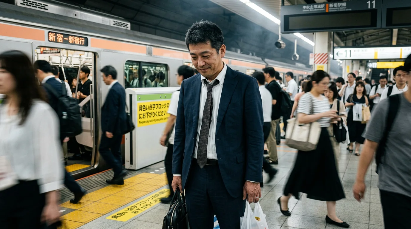 日本の駅ホームにいるサラリーマンの元写真