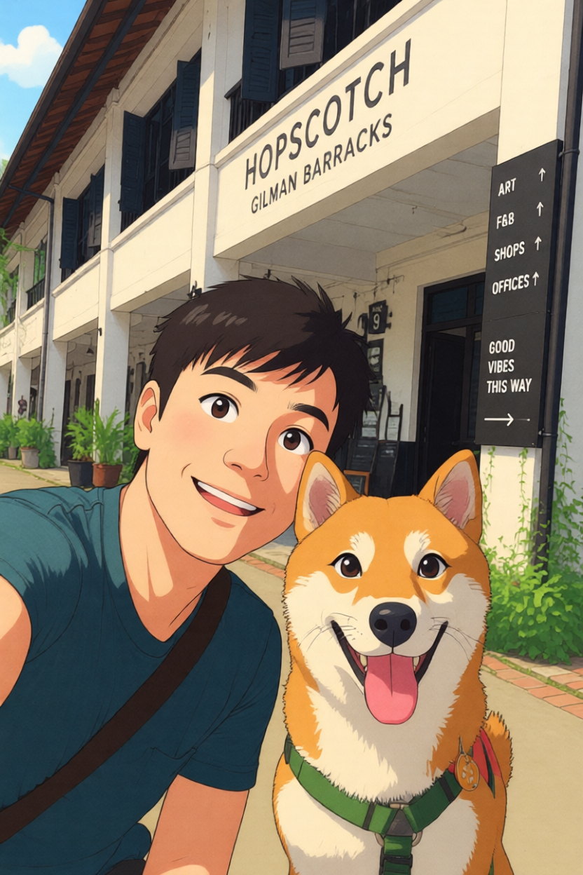 Ghibli-style AI image of a person with a dog generated from the original photo