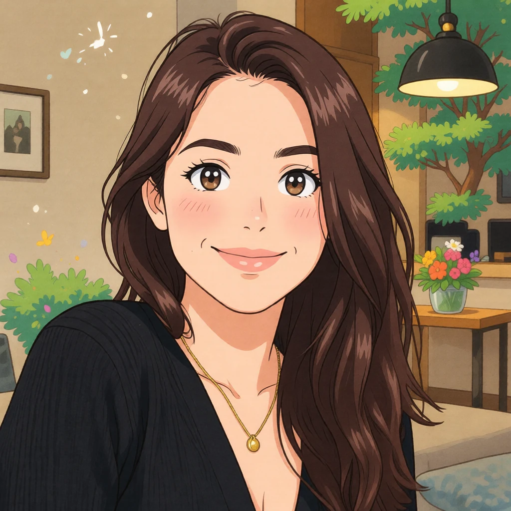 Ghibli-style AI portrait with warm indoor background and soft anime linework