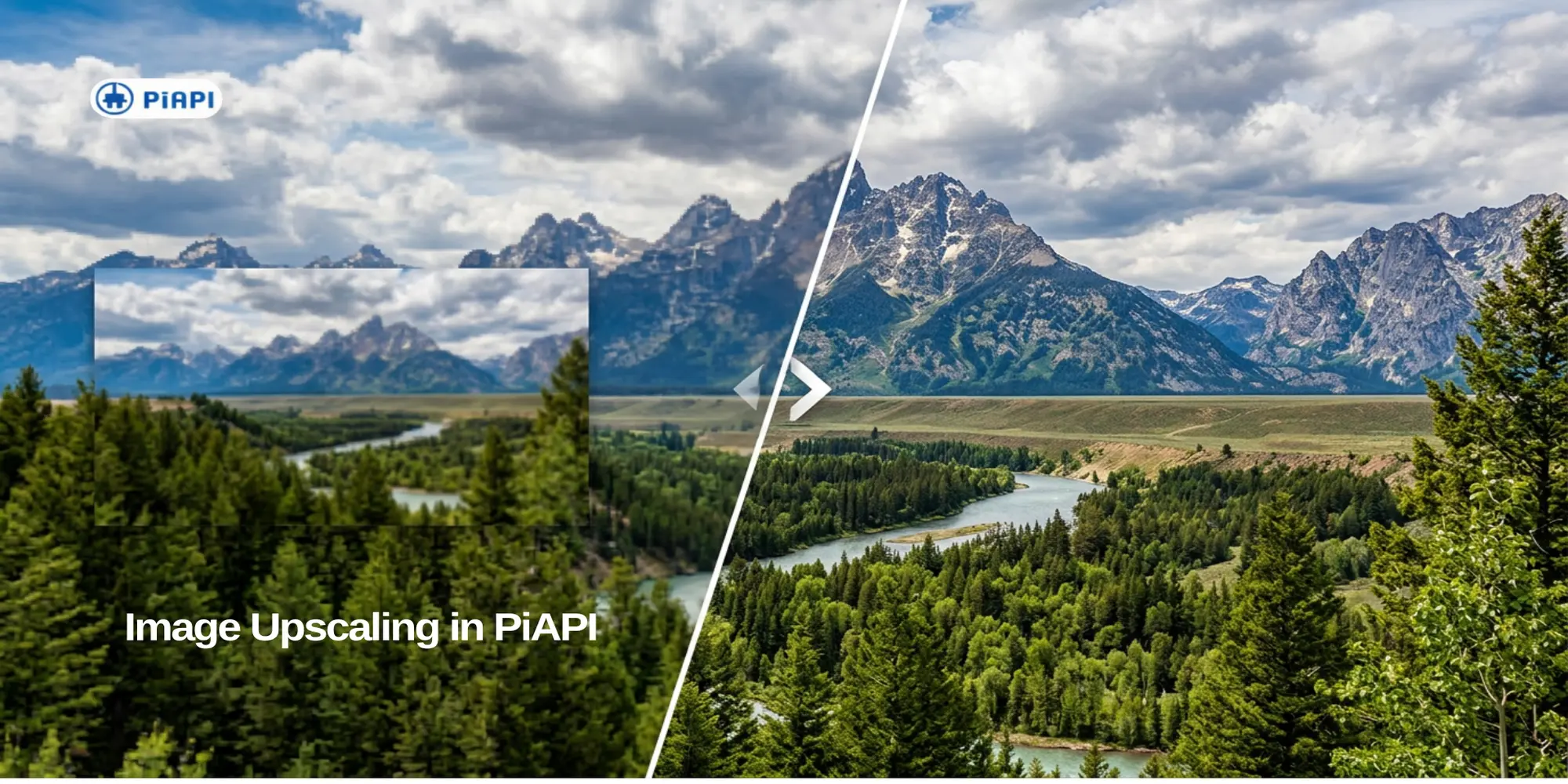 Before-and-after mountain landscape demonstrating image upscaling with PiAPI