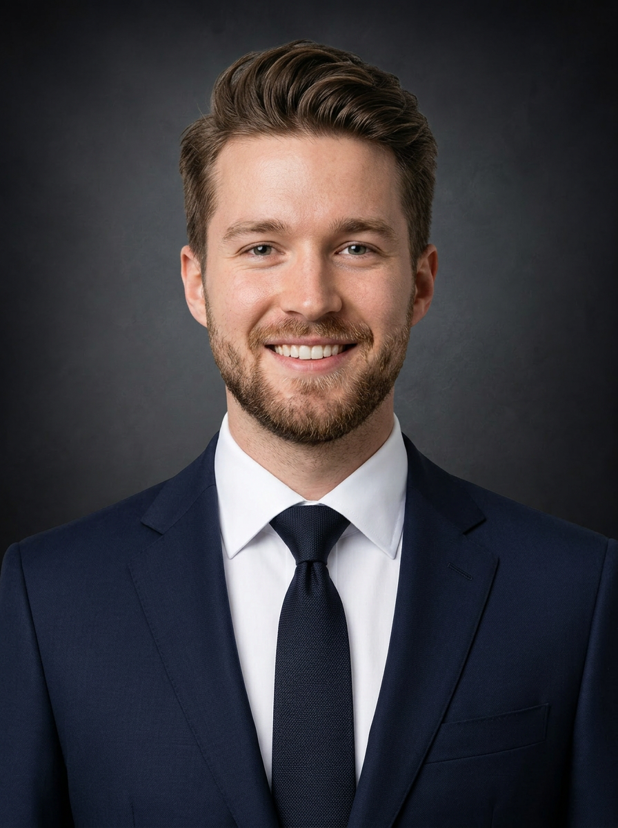Corporate LinkedIn AI headshot with formal suit and dark studio background