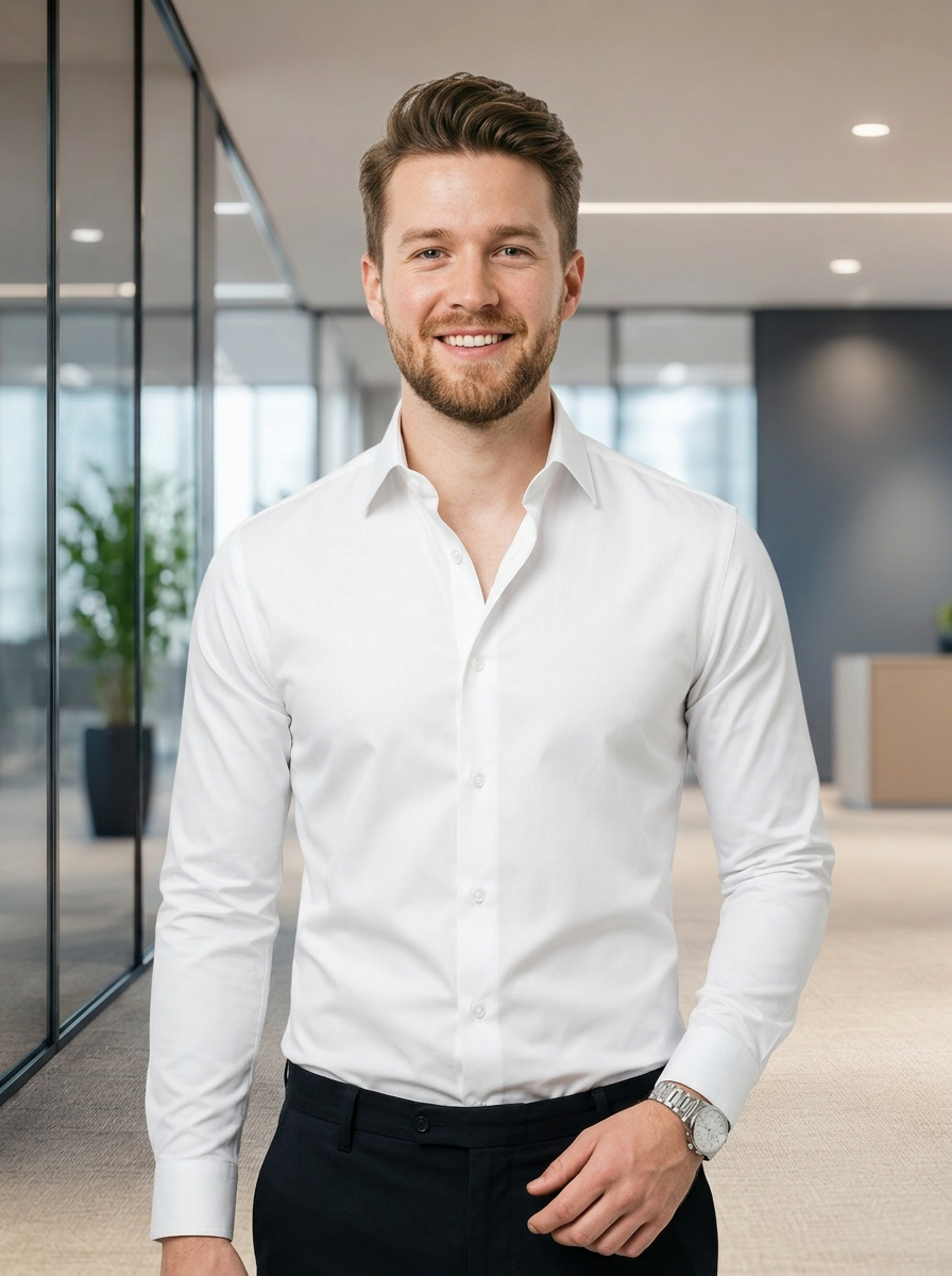 Founder startup AI headshot with smart casual outfit in an office background
