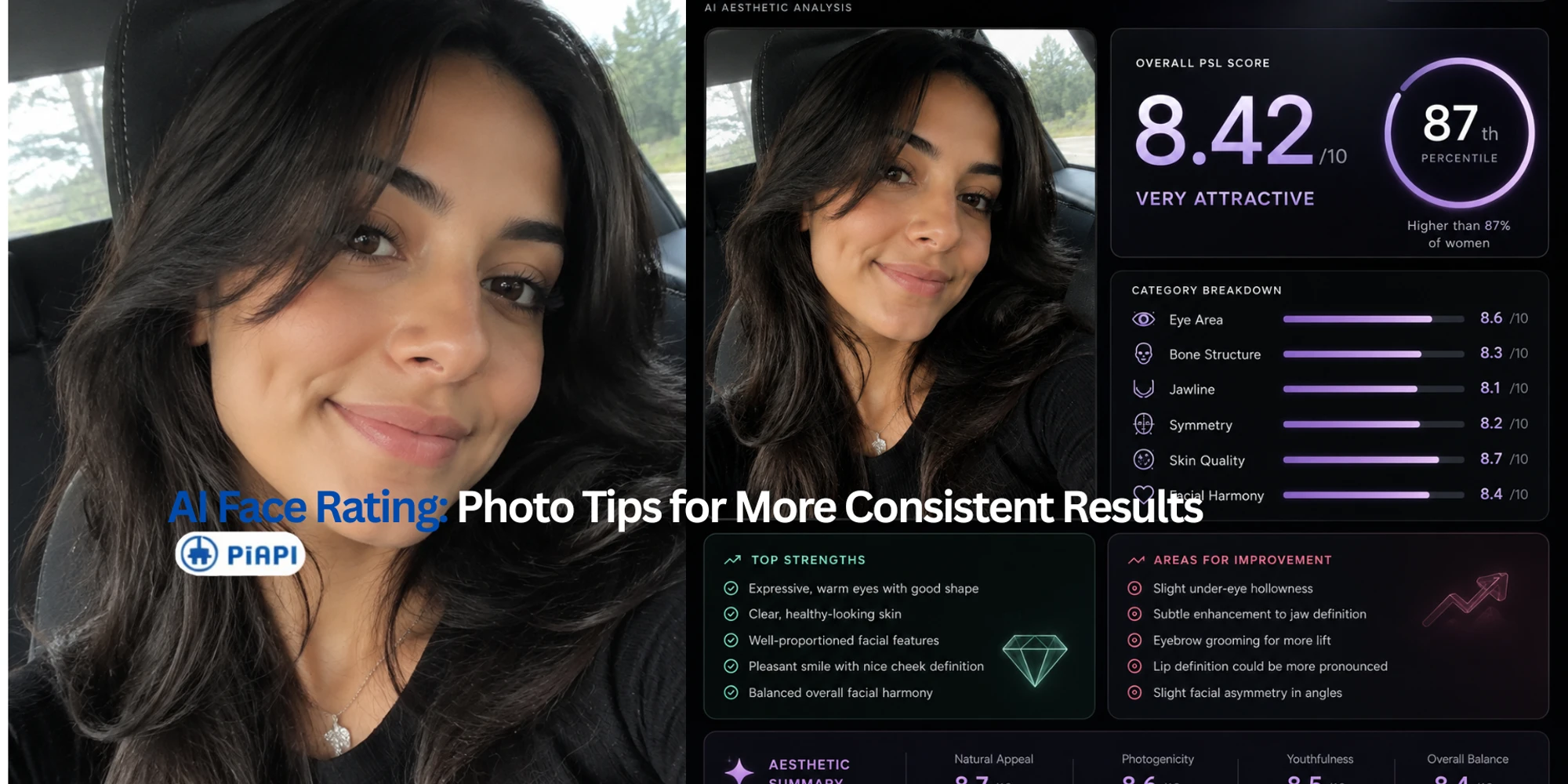 AI face rating report example showing how selfie lighting and camera angle affect face scores