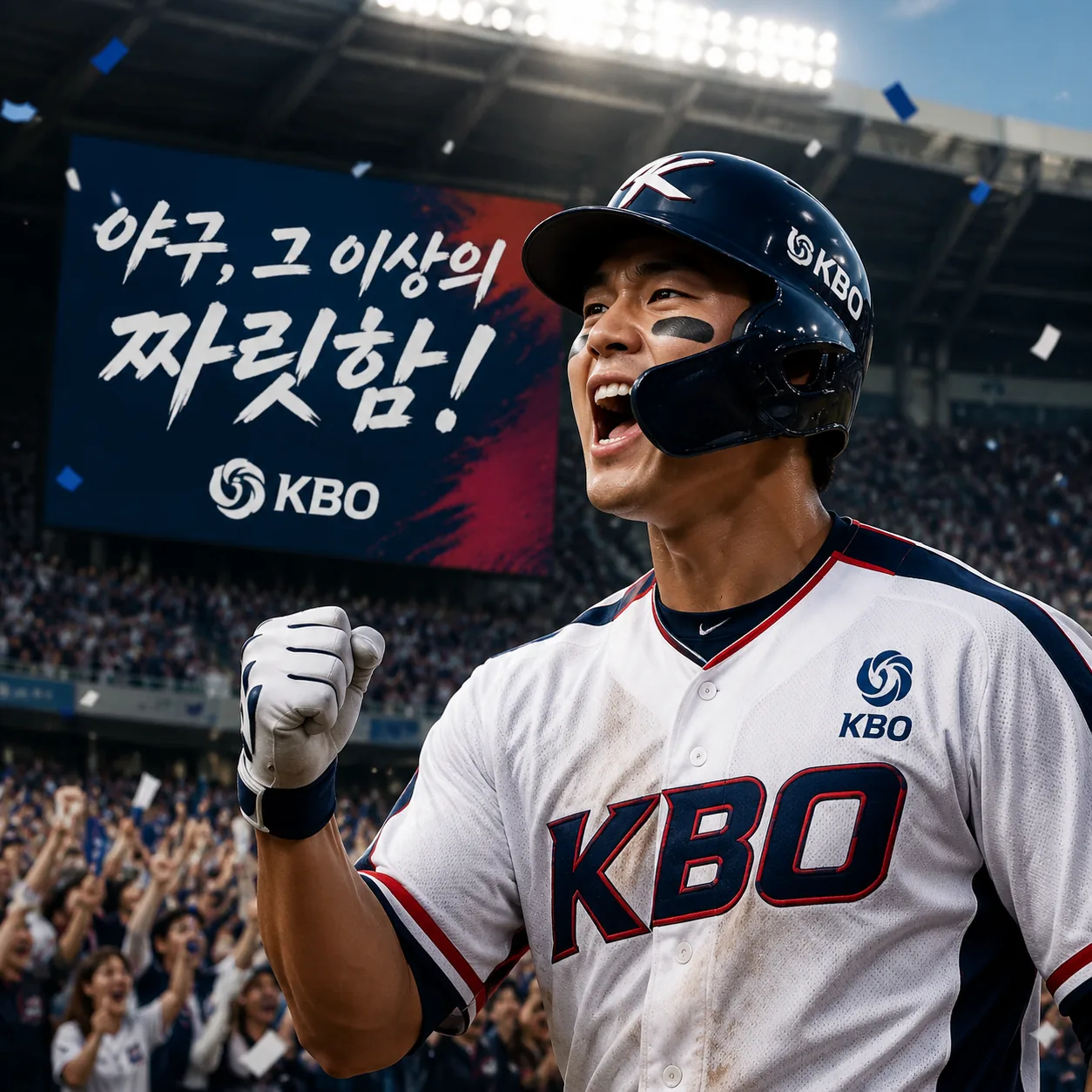 Korean baseball-inspired AI fan-cam player celebrating in a stadium