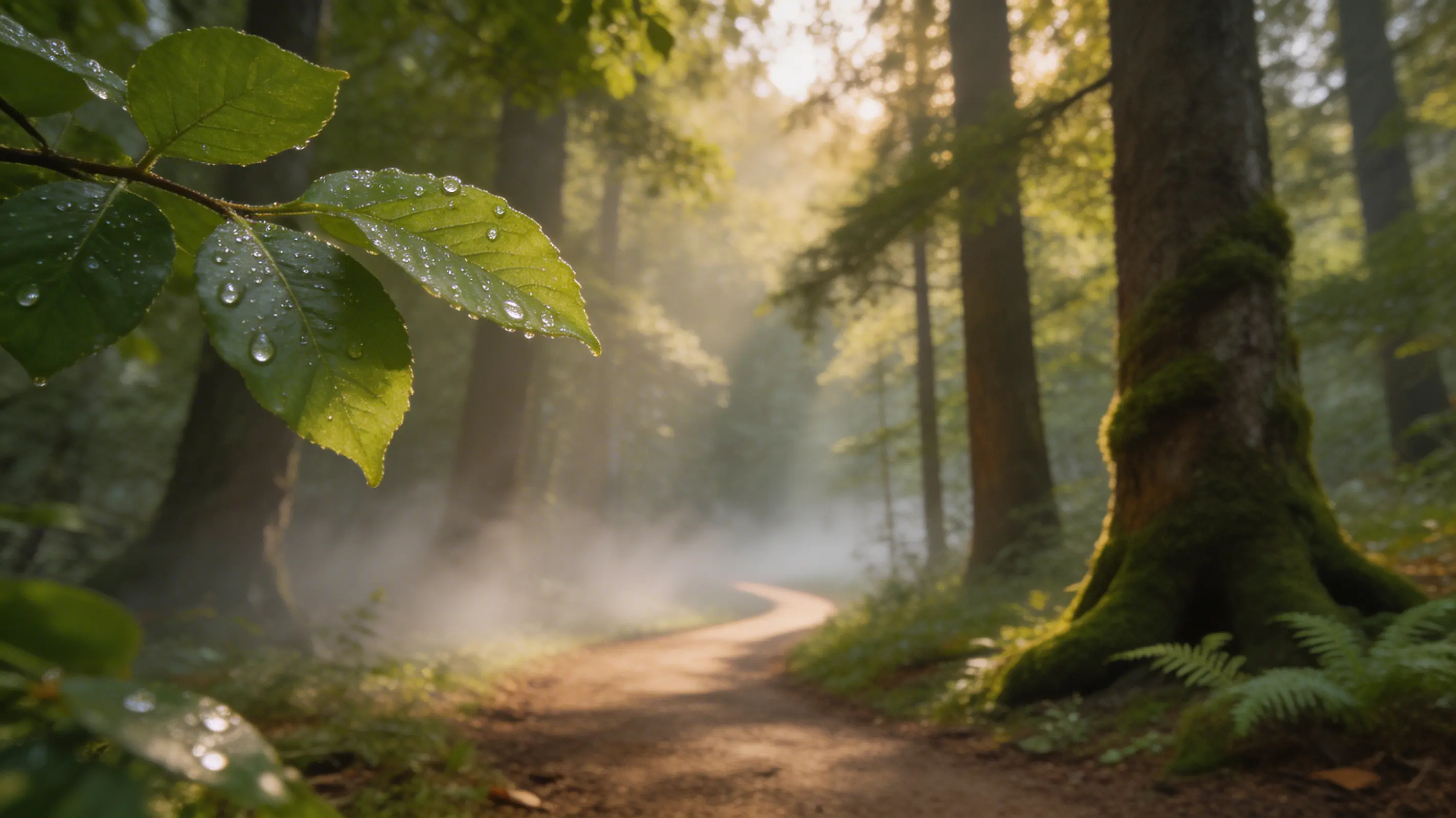 Early morning forest trail with mist