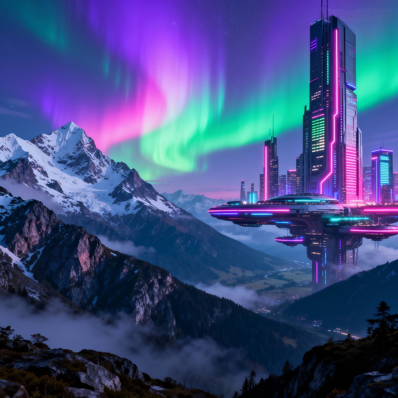 Futuristic city x mountains under auroras (ultra-wide)