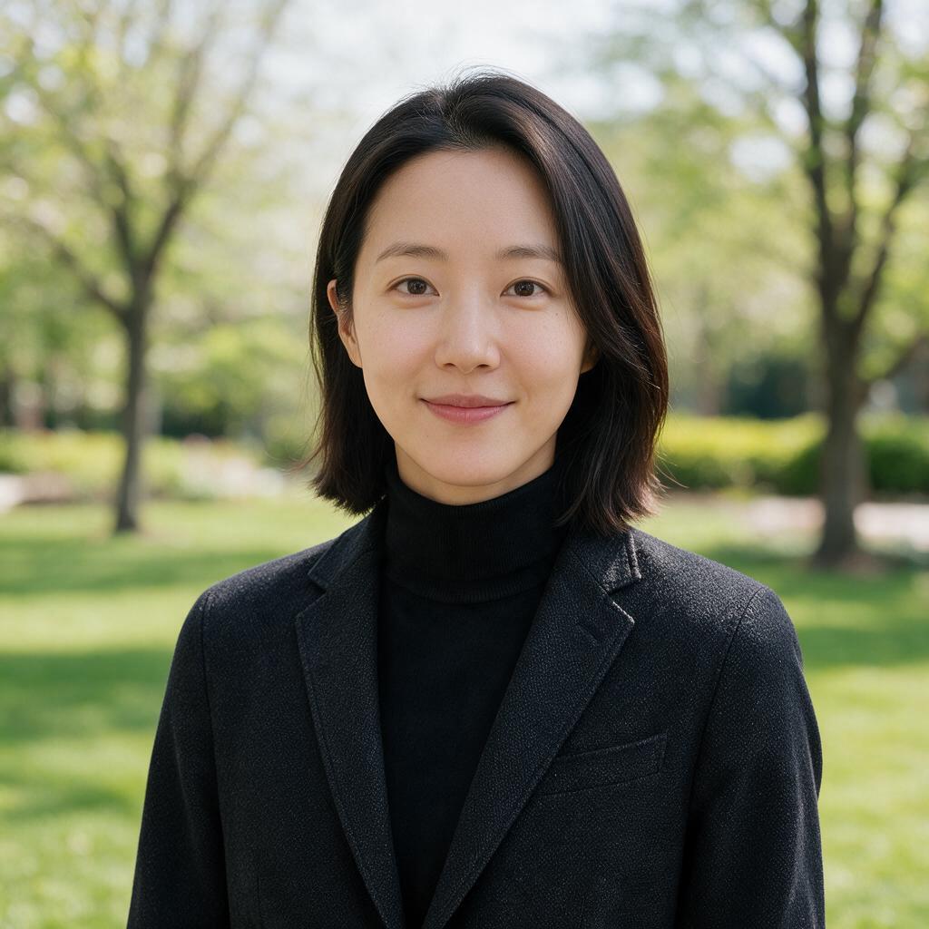 Creative professional AI headshot with a dark jacket and outdoor background