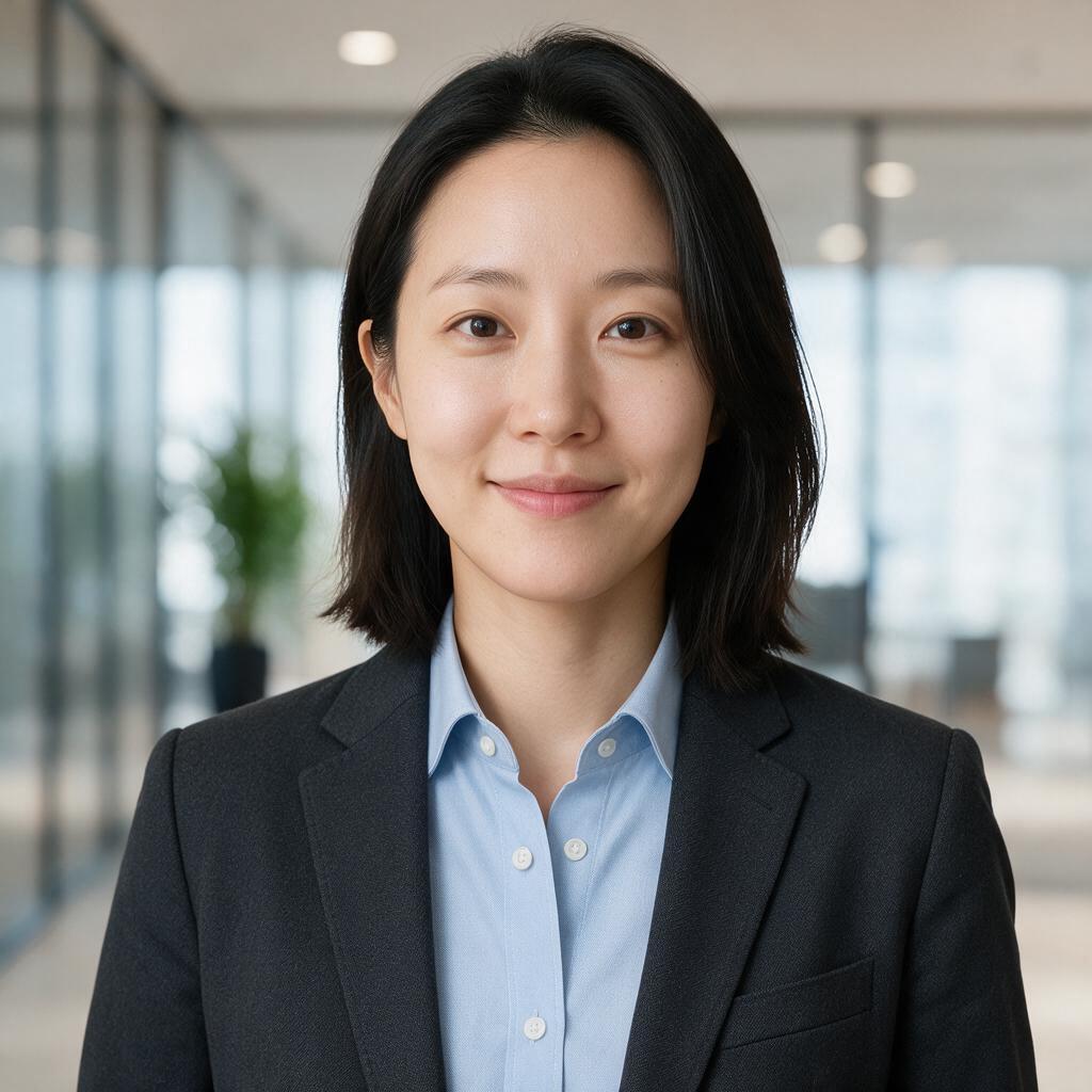 Smart-casual AI resume headshot with a modern office background
