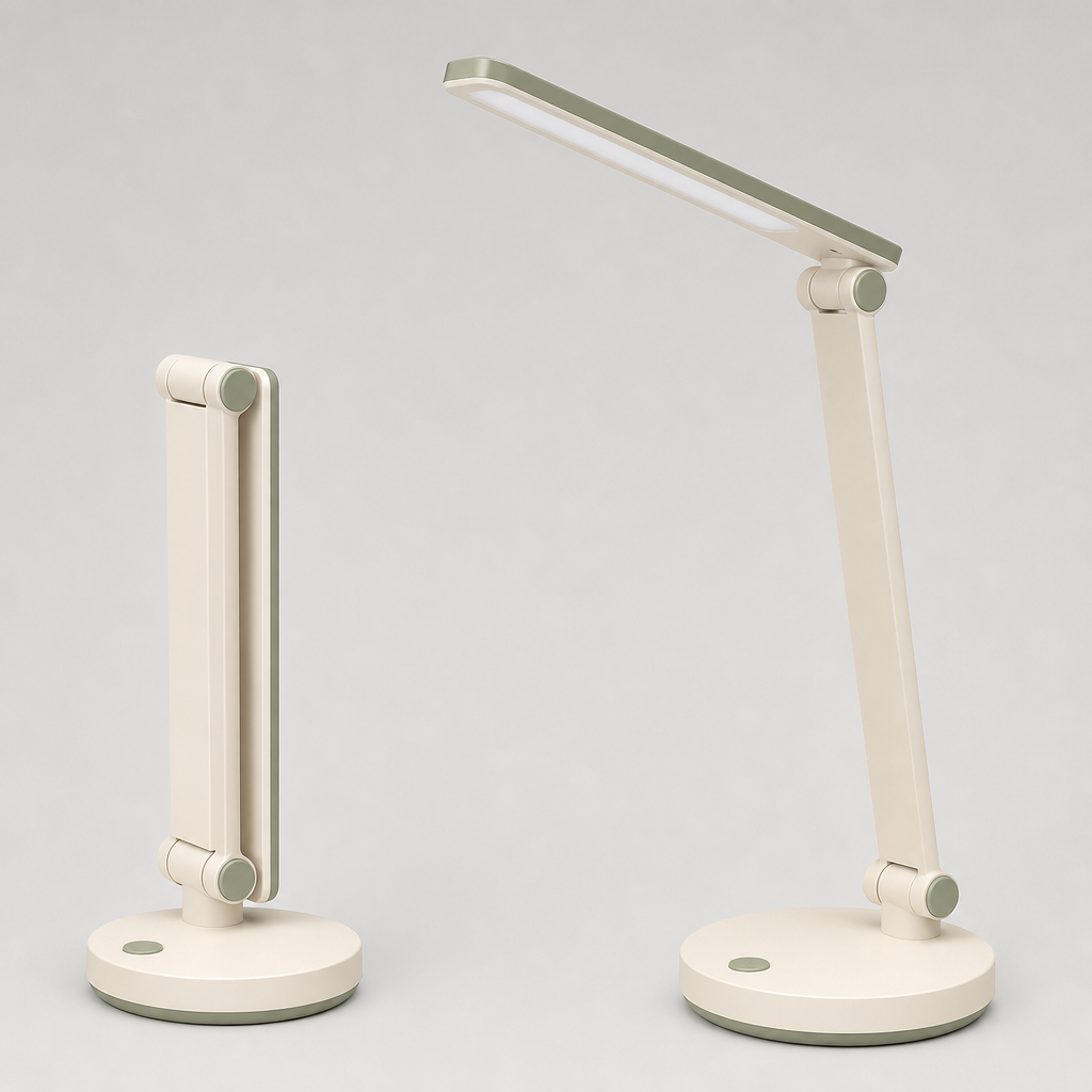 Foldable desk lamp shown in closed and extended positions