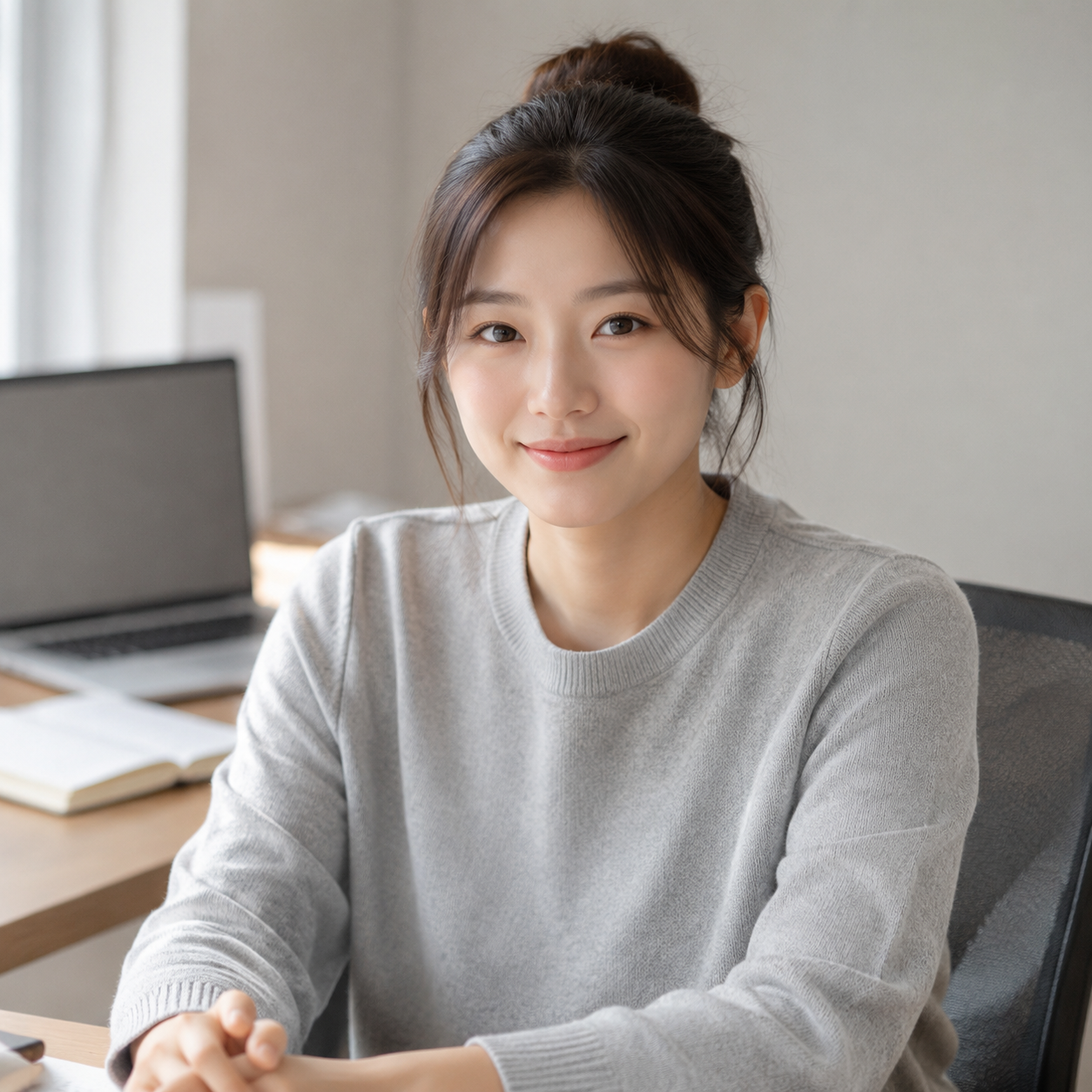 Korean woman seated at a home-office desk as the actor input
