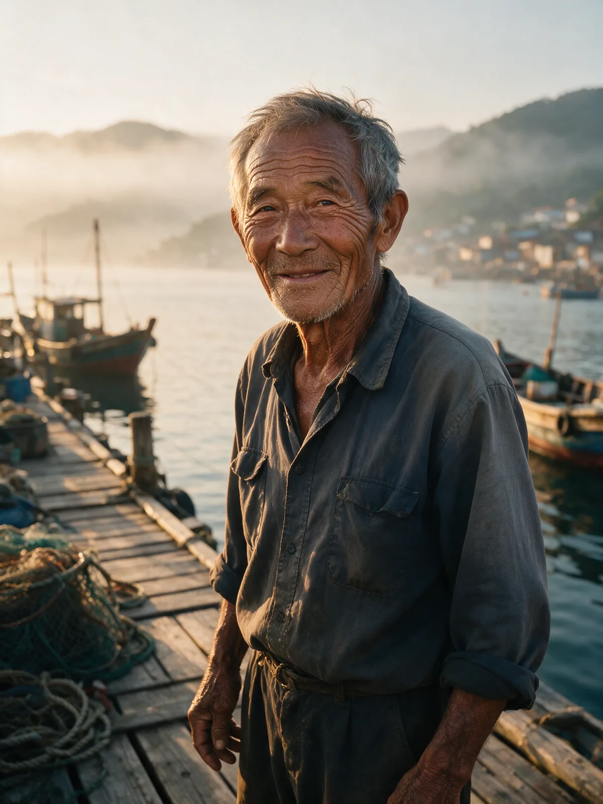 Seedream 5 Pro API editorial portrait example - elderly fisherman at golden hour