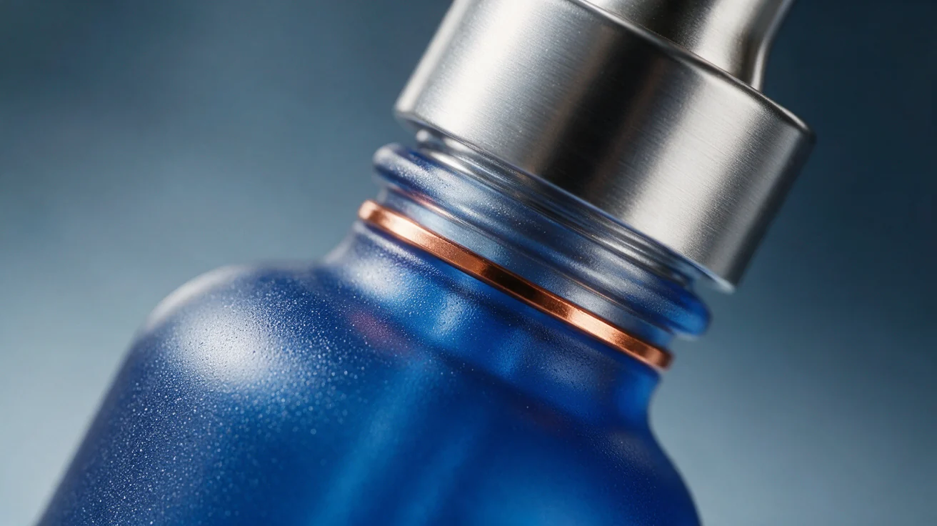 Frosted blue glass, brushed silver metal, and copper material reference for Seedream 5 Pro