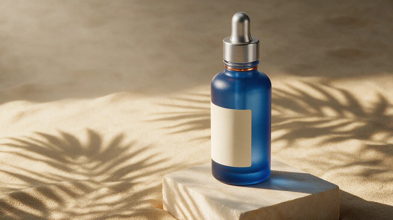 Seedream 5 Pro multi-reference output with a cobalt-blue bottle on a travertine pedestal in warm palm-shadow lighting