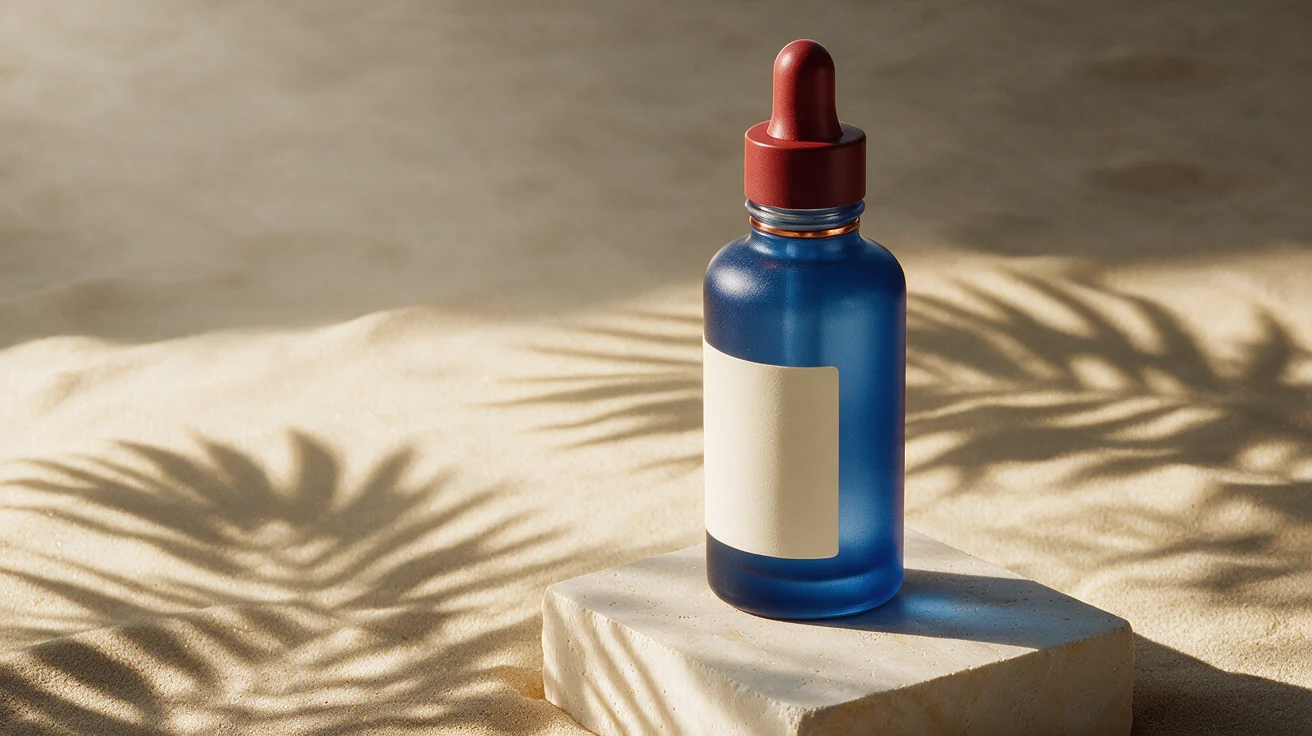 After Seedream 5 Pro precision edit: cobalt-blue bottle with deep-red cap and dropper bulb