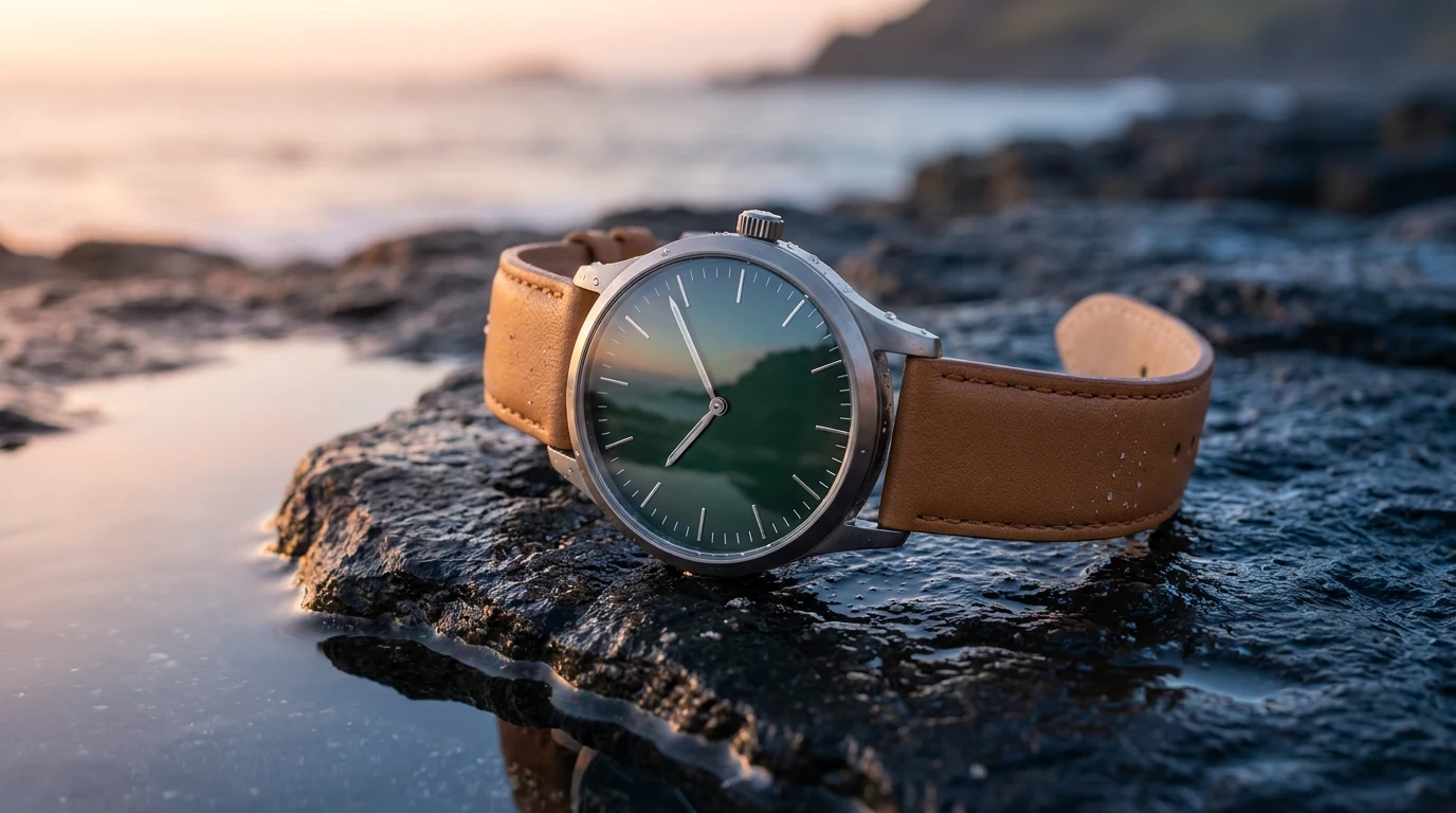 Nano Banana Pro output showing a mechanical watch on wet basalt