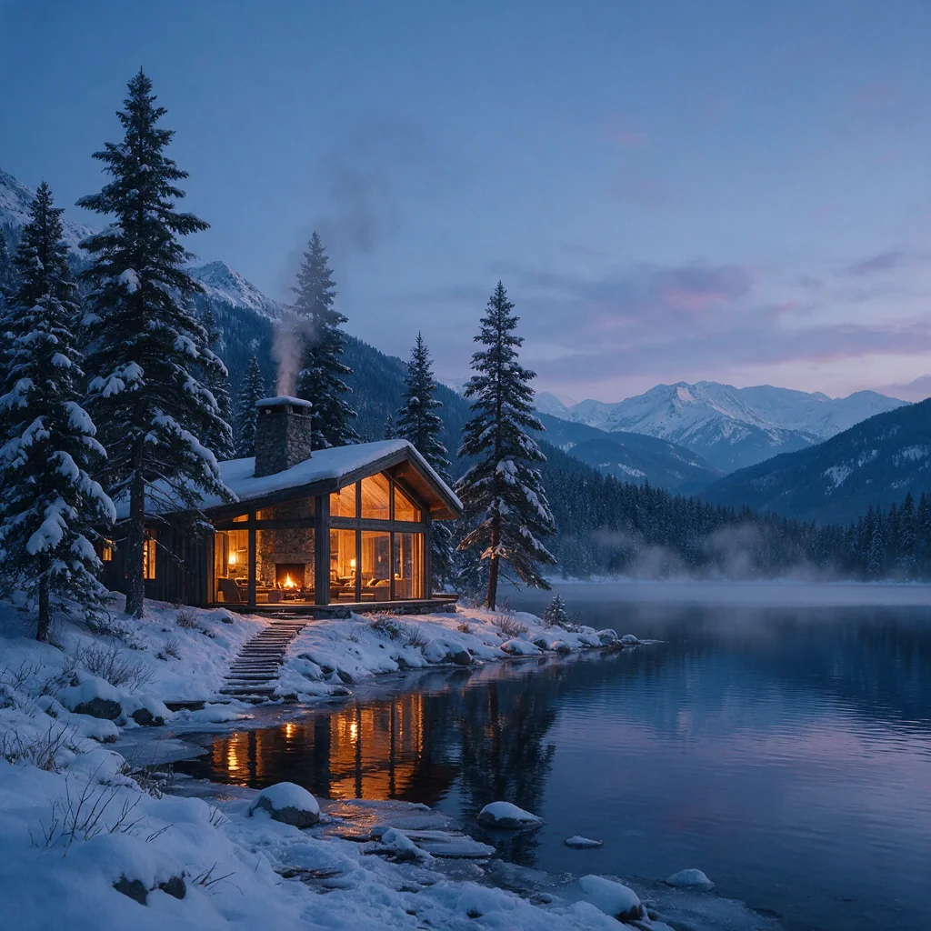 Seedream 5 Pro output showing a warmly lit alpine cabin beside a snowy lake at blue hour