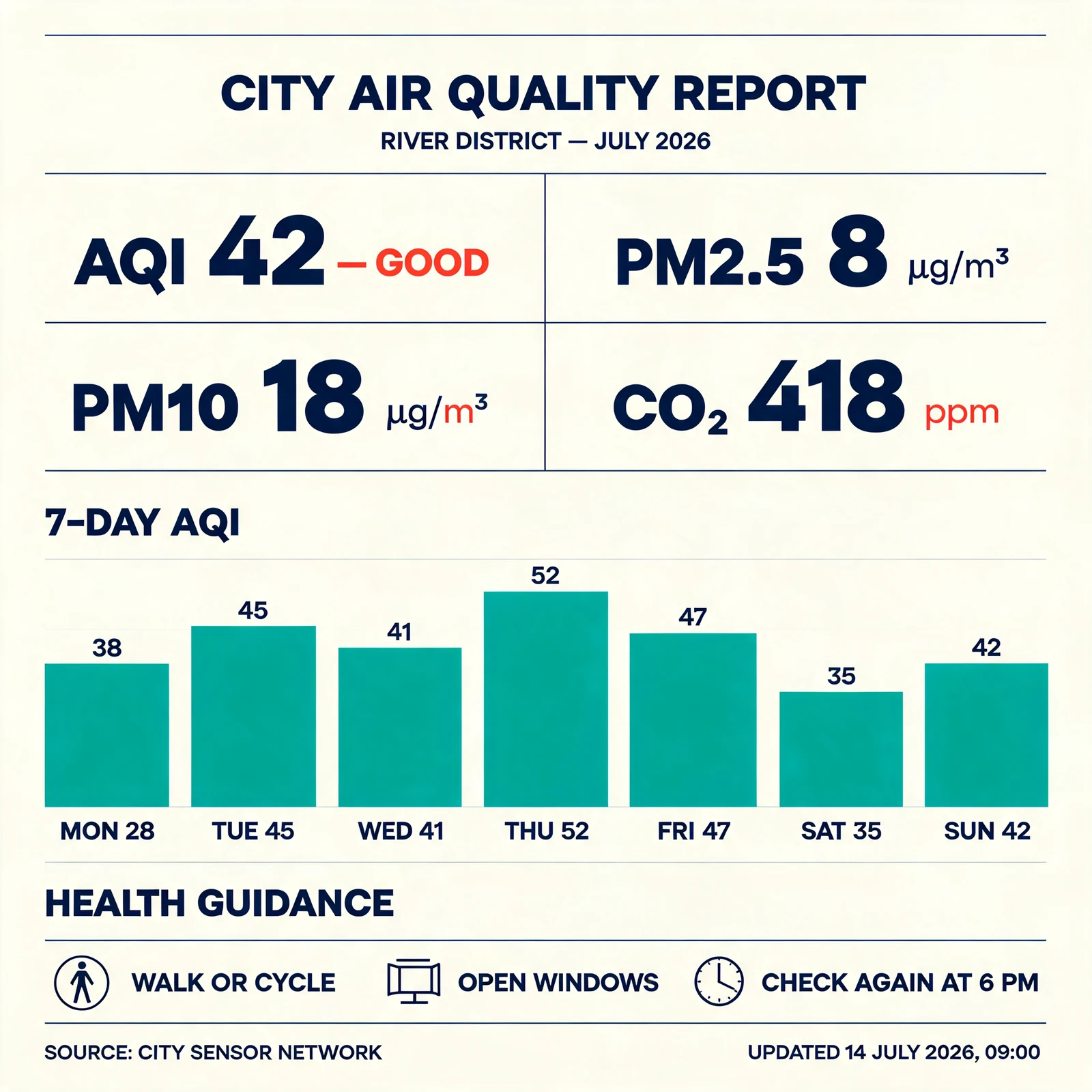 Seedream 5 Lite air quality infographic with a contradictory Monday chart label