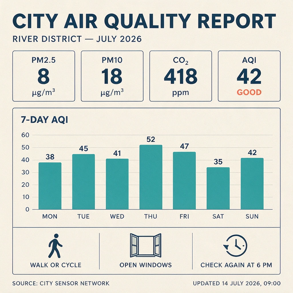 Seedream 5 Pro air quality infographic with correct seven-day chart values