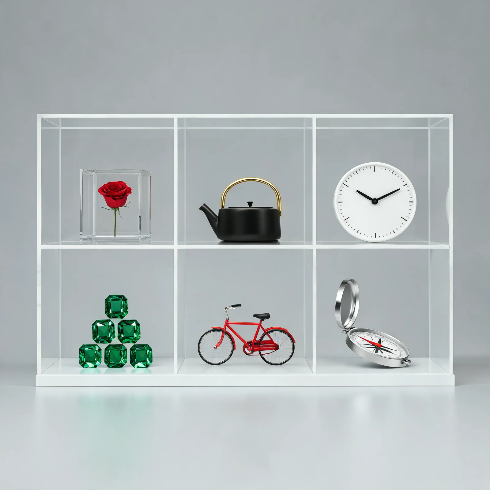 Seedream 5 Lite six-cell museum display with the requested six objects