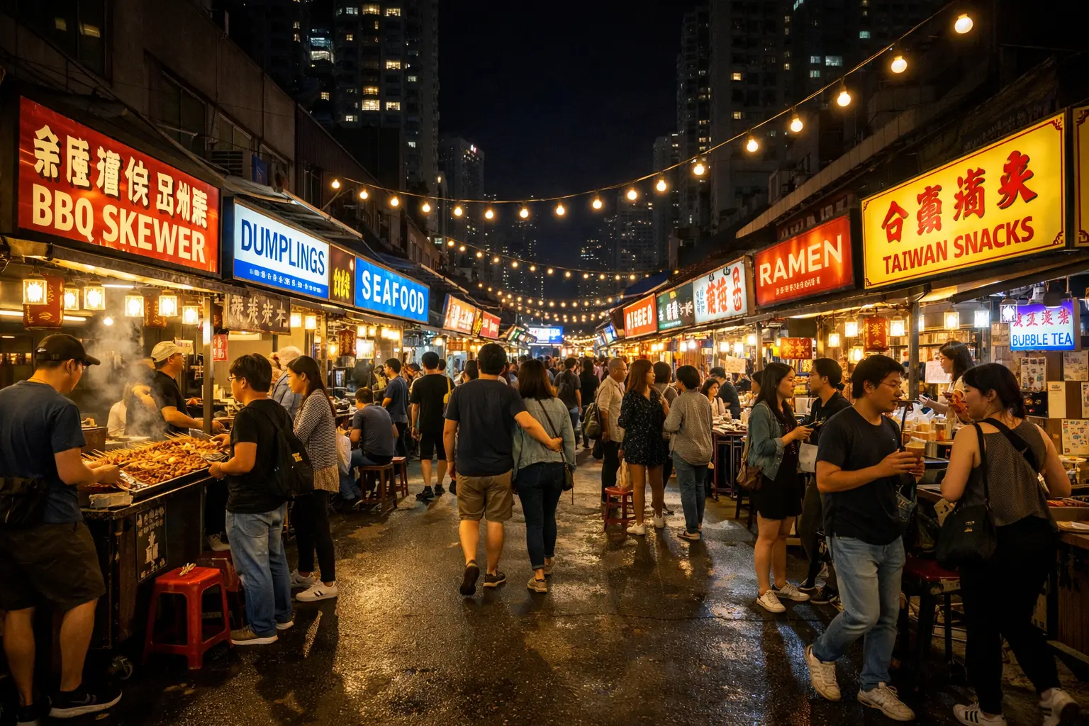 Lively night food market with vibrant atmosphere