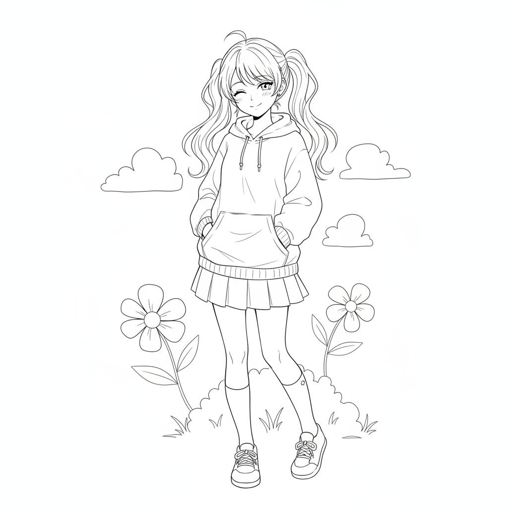 Clean black-and-white line art of cute anime girl in coloring book style